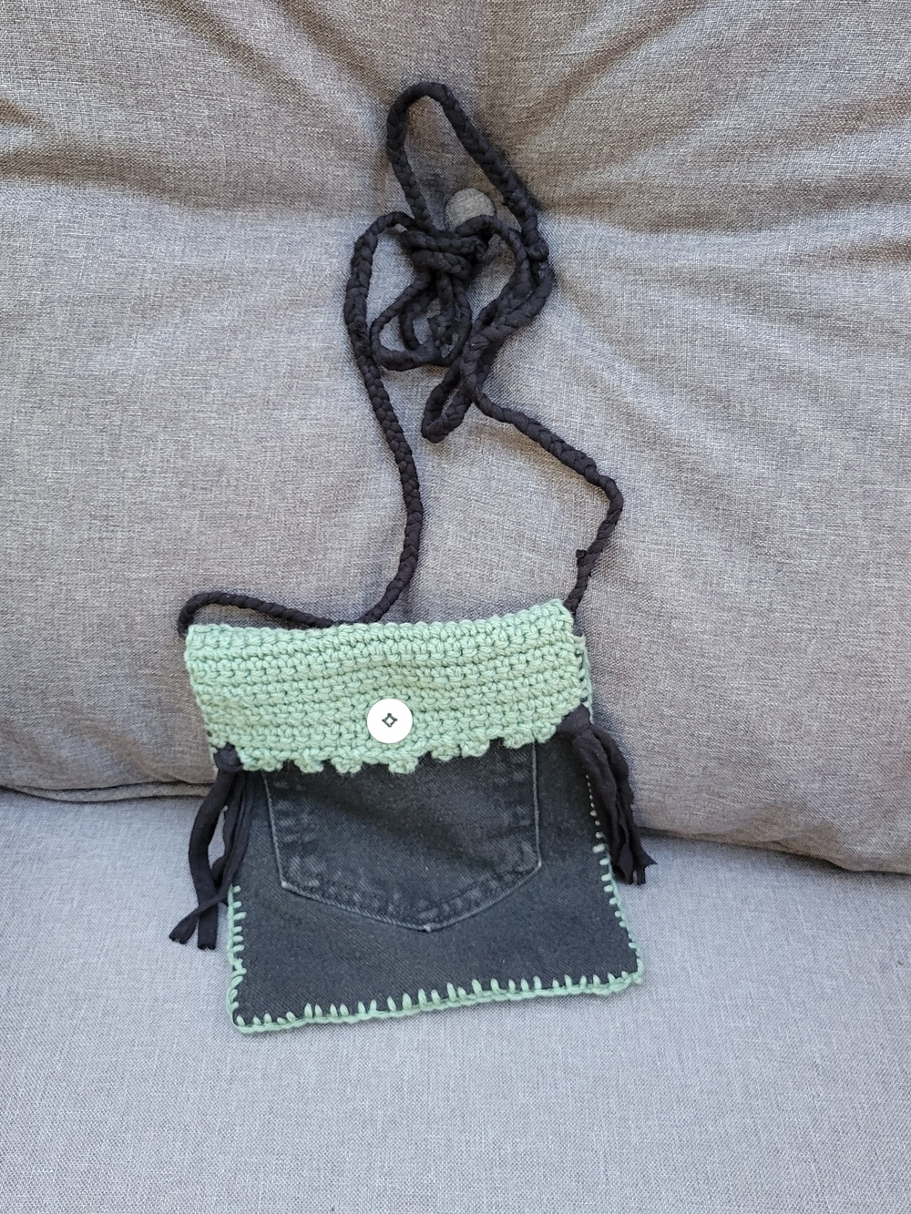 Handcrafted Black Denim & Sage Yarn Crossbody Bag with Crochet Flap And Button
